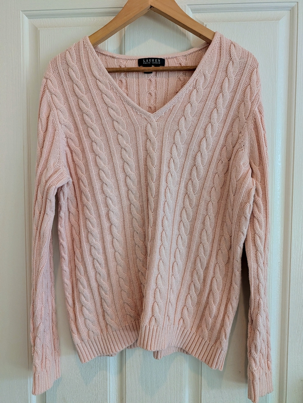 Lauren Ralph Lauren Light Pink Cable V-Neck Sweater-1X